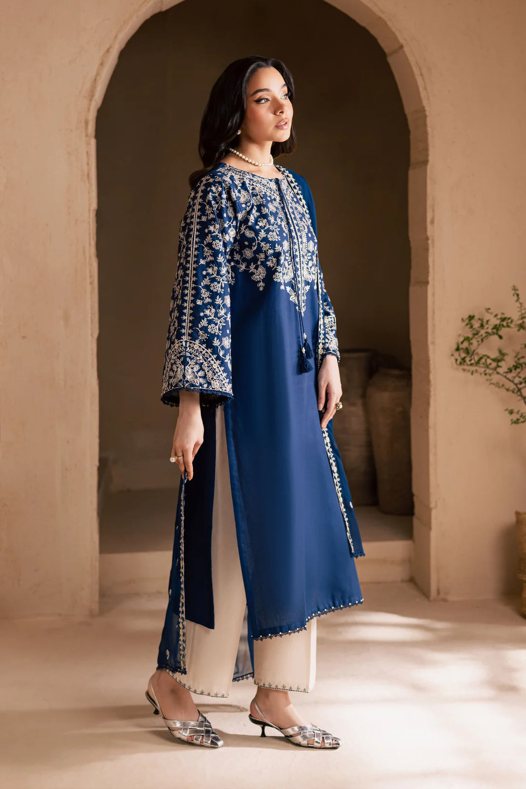 Blue Pashmina 3Pc - Embroidered WINTER COTTON Dress