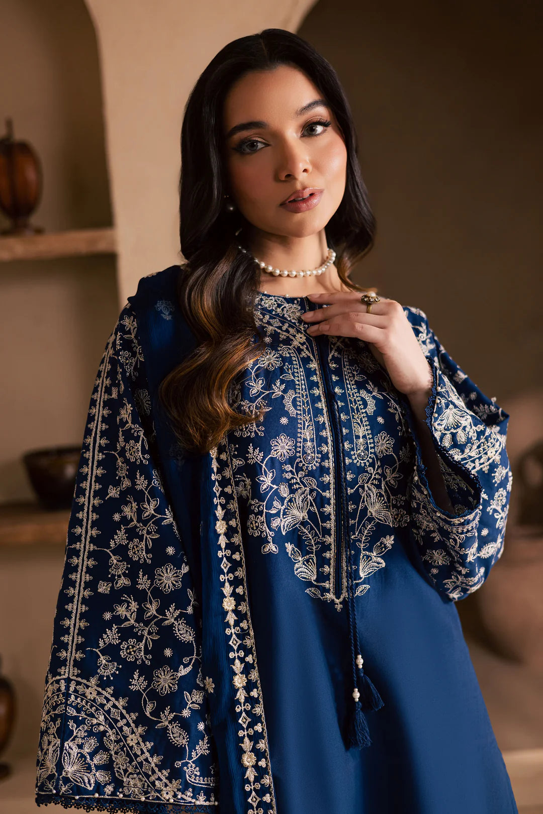 Blue Pashmina 3Pc - Embroidered WINTER COTTON Dress