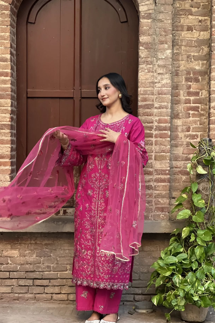 Elegant Embroidered Pink 3-PC DRESS