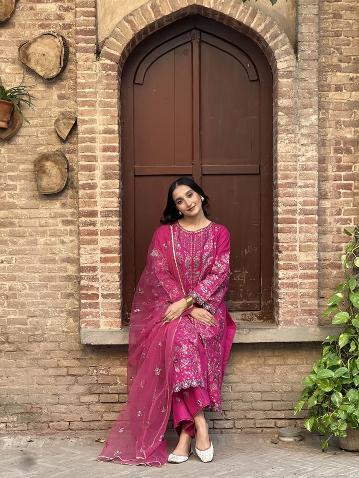 Elegant Embroidered Pink 3-PC DRESS