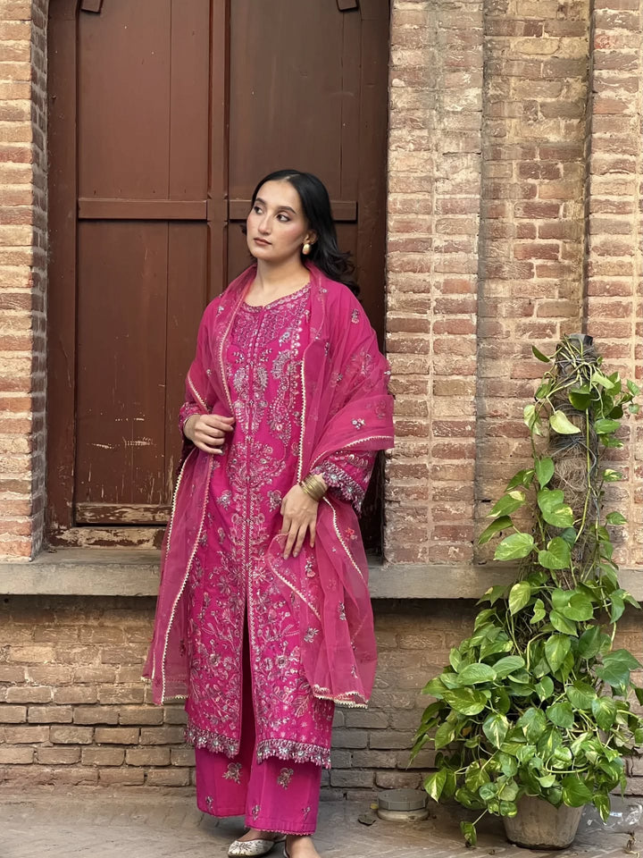 Elegant Embroidered Pink 3-PC DRESS